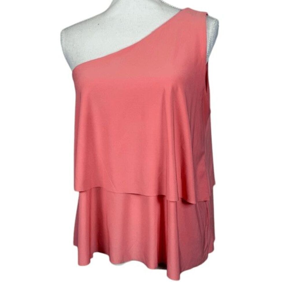 Halston One Shoulder Layer Top Coral Silky lightweight Size Medium